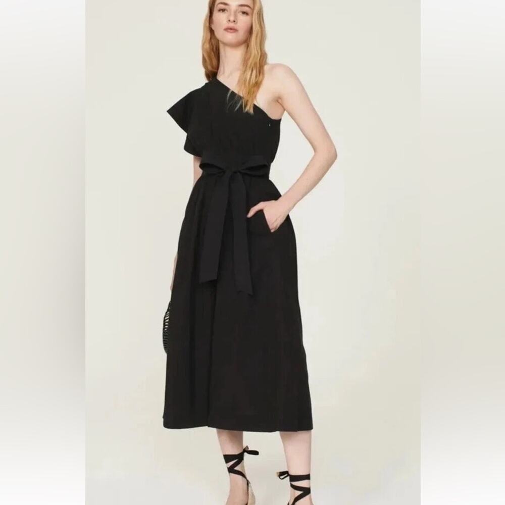 Madewell Ruffled One Shoulder Midi Dress Black Waist Tie 100% Cotton Size 2